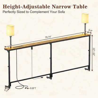 keomaisyto 78.8" Long Sofa Table with Lights & Charging Station - 4 AC outlets, 22"-32" Height Adjustable Behind Couch Console Table, Narrow Console Table, Slim Design for Living Room, Rustic Brown
