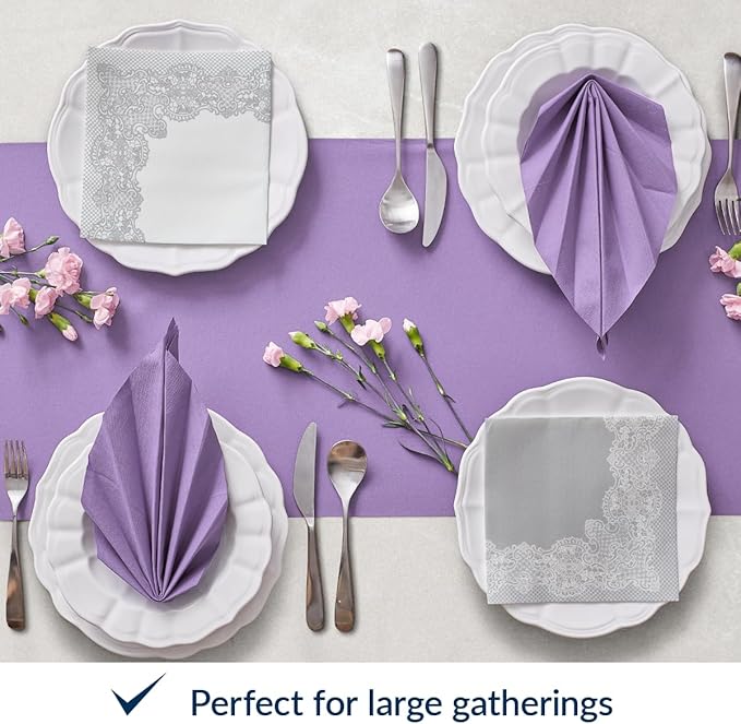 PAW - 50 Pieces Linen-Feel Paper Napkins 16" x 16", Disposable Cloth-Like Napkins with Reverse Silver Lace Design, Dinner Napkins for Party, Wedding, Christmas