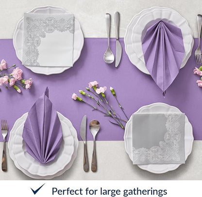 PAW - 50 Pieces Linen-Feel Paper Napkins 16" x 16", Disposable Cloth-Like Napkins with Reverse Silver Lace Design, Dinner Napkins for Party, Wedding, Christmas