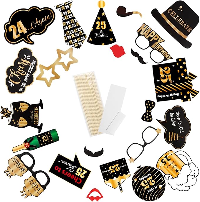LINGTEER Happy 25th Birthday Party Photo Booth Props,Cheers to 25th Birthday 25th Years Old Bday Party Centerpieces Props Decorations Sign.