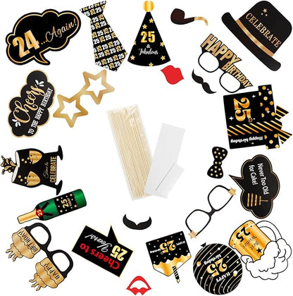 LINGTEER Happy 25th Birthday Party Photo Booth Props,Cheers to 25th Birthday 25th Years Old Bday Party Centerpieces Props Decorations Sign.
