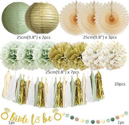 Bridal Shower Decorations Sage Green and Gold Bachelorette Party Decorations Bride to Be Banner Gold Sage Green Paper Pom Poms Lanterns Fans Beige Kit with Beige White Tassel Garland for Wedding