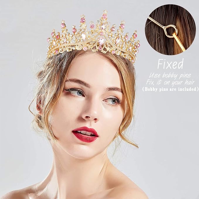 TOBATOBA Gold Pink Crown, Wedding Tiaras and Crowns for Women, Coronas Para Ramos Buchones De Flores, Queen Crown Royal Princess Quinceanera Headpieces for Birthday Prom Pageant Halloween Cosplay