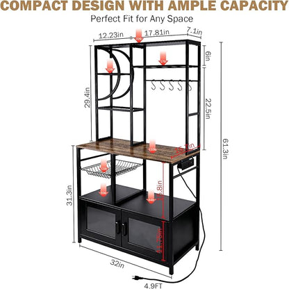 Uieke Bakers Rack with Power Outlet and Storage, Kitchen Bakers Rack with Cabinet & 10 Hooks, Coffee Bar Cabinet, Microwave Stand, 5 Tiers Kitchen Storage Rack for Dining Room & Small Spaces, Black