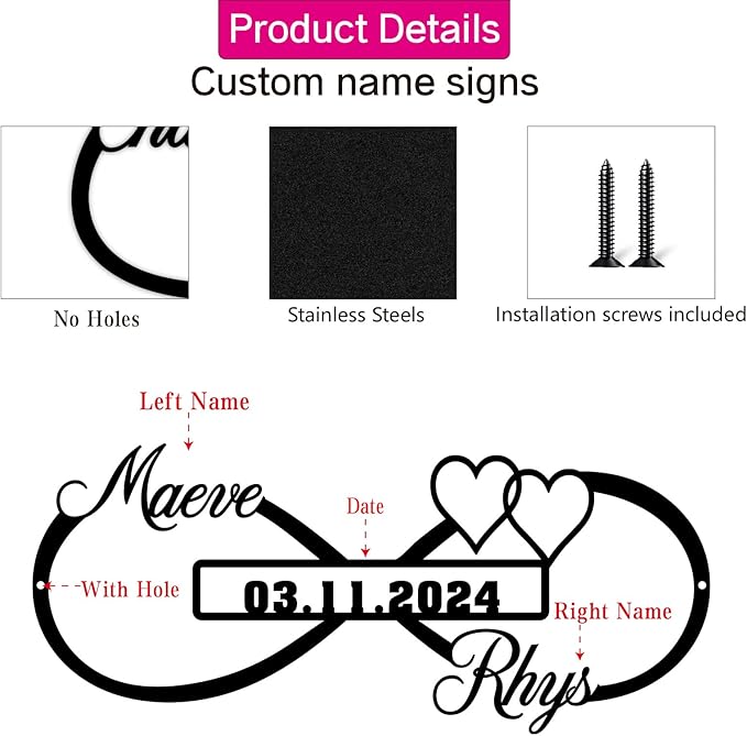 Personalized Infinity Love Sign with Memorable Day and Couples Name,Metal Infinity Heart Sign Wall Decor,Elegent Wall Art Sign for Wedding,Anniversary,Valentines Day Gift