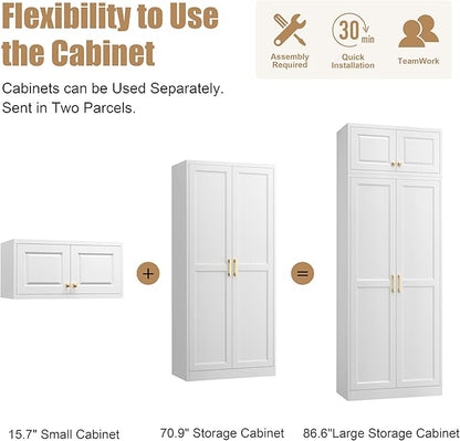 Kitchen Pantry Storage Cabinets, 86" Tall Metal Storage Cabinet with Doors and 4 Shelves, Food Pantry Cabinet, White Kitchen Cupboard, Large Steel Cabinets for Dining, Office, Living Room