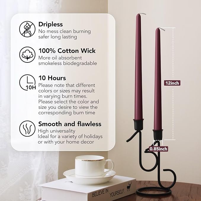 New Burning Formula Unscented Dripless 12-Inch Taper Candles Set of 12 - Burgundy, for Wedding, Dinner - Smokeless, Long Burning - Hand Poured, Colored Tall Candlesticks - Burdeos