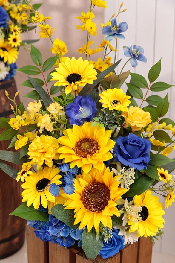 TINGE TIME Free Standing Artificial Sunflower Flowers Set of 2, Wedding Arch Altar Stage Decorations, Silk Fake Flower for Wedding Centerpiece Archway Aisle Welcome Entrance (Sunflower&RoyalBlue)