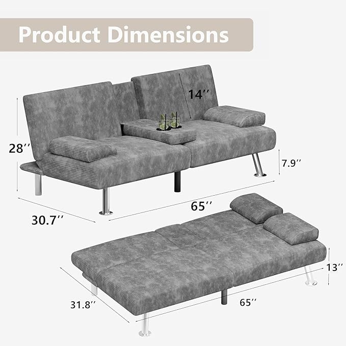 Flamaker Futon Sofa Bed Modern Folding Futon Set Convertible Recliner Lounge for Living Room with 2 Cup Holders, Removable Armrests (Corduroy, Marble Grey)