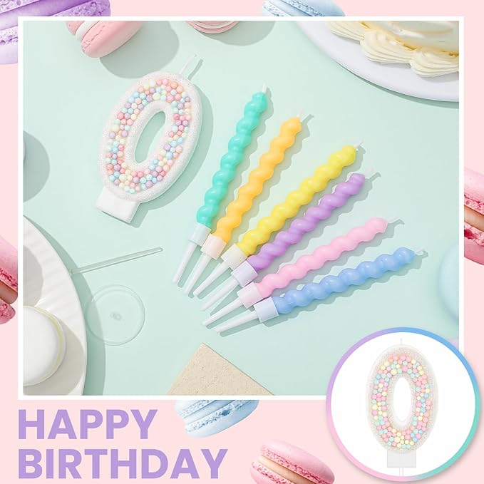 MTLEE Number 0 Birthday Candle with 12 Pcs Spiral Candles for Girls Macaron Pastel Rainbow Unicorn Pink Cake Topper for Sweet Theme Party Decoration