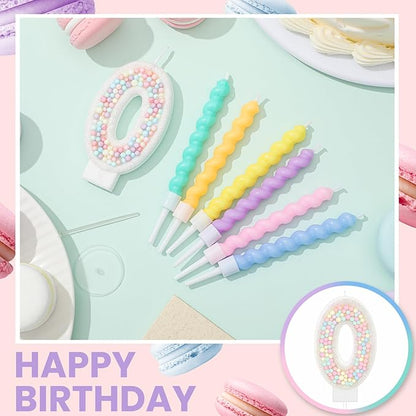 MTLEE Number 0 Birthday Candle with 12 Pcs Spiral Candles for Girls Macaron Pastel Rainbow Unicorn Pink Cake Topper for Sweet Theme Party Decoration