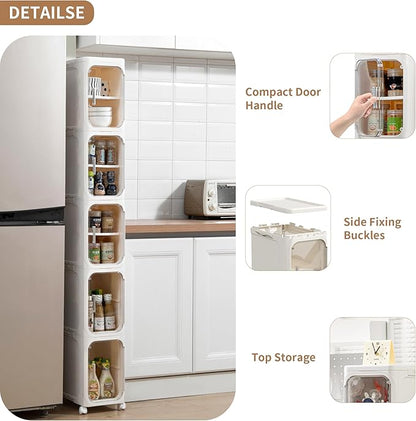 Narrow Bathroom Storage Cabinet with Wheels,5-Tier Plastic Slim Organizer with Adjustable Shelves for Small Spaces,Bathroom, Kitchen, Cream White