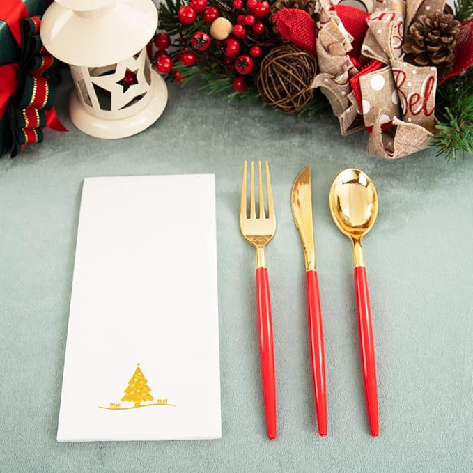 Nervure 175PCS Christmas Plastic Plates - Red and Gold Disposable Plates & Gold Plastic Silverware with Red Handle include 50 Plates 25Knives 25Forks 25Spoons 25Napkins for Christmas Party