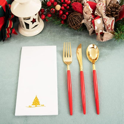 Nervure 175PCS Christmas Plastic Plates - Red and Gold Disposable Plates & Gold Plastic Silverware with Red Handle include 50 Plates 25Knives 25Forks 25Spoons 25Napkins for Christmas Party