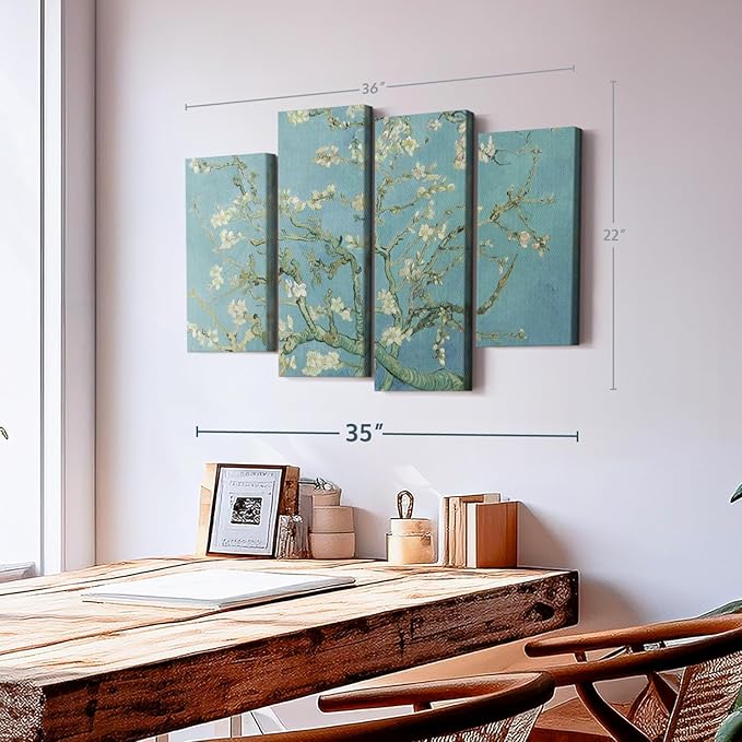 ElephantStock Almond Blossoms Wall Art - Horizontal Canvas - 4-Piece Living Room Wall Decor - Flower Painting Canvas Print - Blue and Green Decor for Wall by Vincent Van Gogh - 36" X 22"
