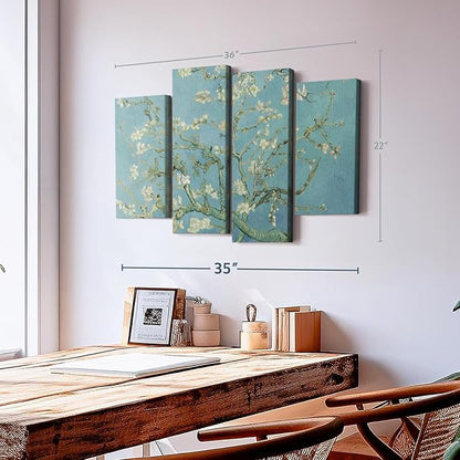 ElephantStock Almond Blossoms Wall Art - Horizontal Canvas - 4-Piece Living Room Wall Decor - Flower Painting Canvas Print - Blue and Green Decor for Wall by Vincent Van Gogh - 36" X 22"