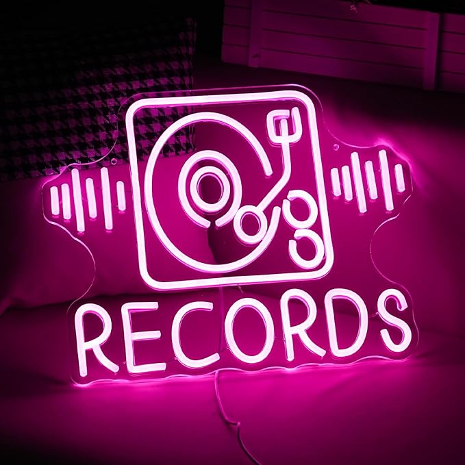 Records Neon Sign For Wall Decor Jukebox Music Light Up Sign Powered by USB Dimmable Pink Led Music Records Neon Light for Video Shop Karaoke Bar Party Bedroom Gifts(15.7"*12.2"）