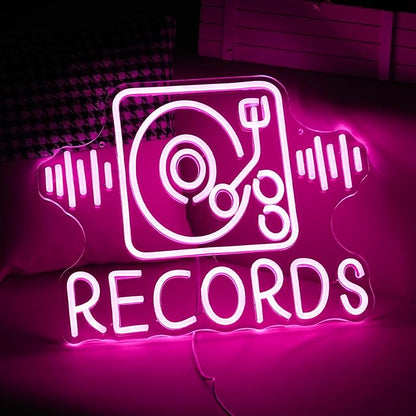 Records Neon Sign For Wall Decor Jukebox Music Light Up Sign Powered by USB Dimmable Pink Led Music Records Neon Light for Video Shop Karaoke Bar Party Bedroom Gifts(15.7"*12.2"）