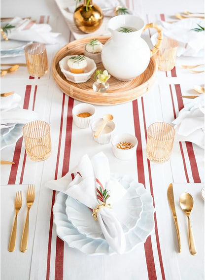 Solino Home Linen Table Runner 120 Inches Long - French Stripe, 100% Pure Linen Red and White Farmhouse Table Runner 16 x 120 Inch Ideal for Dining, Christmas, New Year