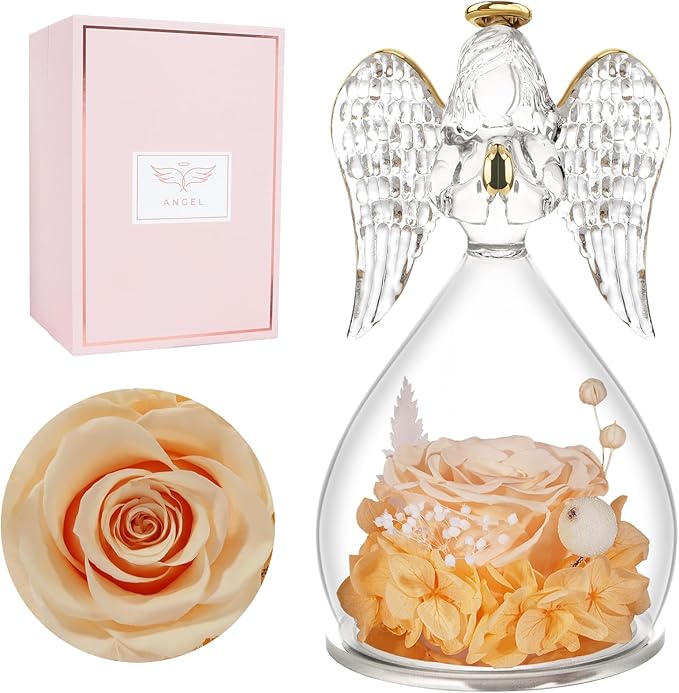 Miofula Preserved Flower Rose Birthday Gifts for Mom, Angel Figurines with Forever Real Rose Gifts for Her Mom Grandma, Angels Gifts for Mothers Day Christmas Anniversary Thanksgiving Birthday Gifts
