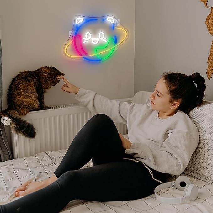 Lucunstar Planet Cat Neon Sign Cute Neon Light Signs for Wall Decor Cat LED Lights USB Connectivity Adjustable Brightness Earth Decor for Home Wall Bedroom Pet Shop Gifts for Geography Lover