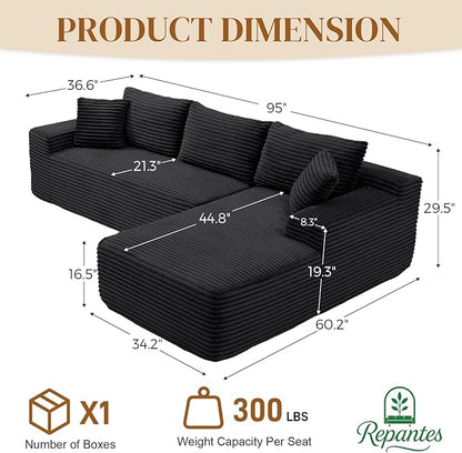 95" L Shaped Boneless Sectional Couches, Wide Armrest, Deep Seat, Memory Foam, Assembly Free, Modern Comfy Corduroy Fluffy Cloud Sofa with Right Chaise for Living Room, Small Spaces, Black