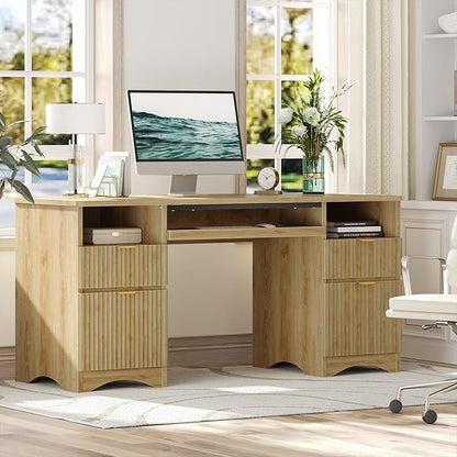 Bestier Computer Desk with Keyboard Tray, 59 inch Office Desk with 4 Drawers, Modern Home Office Desk with File Drawer (Natual Oak, 59" W with Double-Sided Drawers)