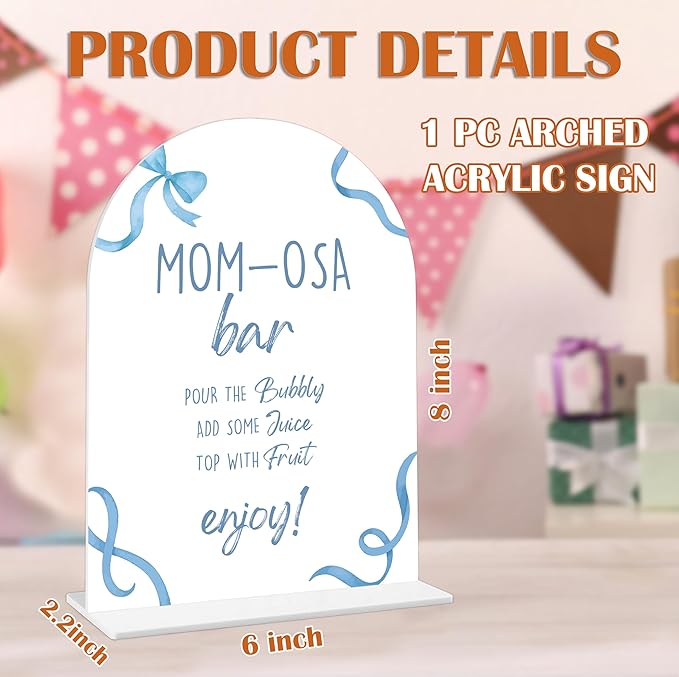 Mom-osa Bar Sign - Blue Bow Baby Shower Sign, 1 Pack Arch Acrylic Sign with Stand, Gender Reveal Party Table Decor, Blue Baby Shower Supplies (SP14)
