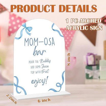 Mom-osa Bar Sign - Blue Bow Baby Shower Sign, 1 Pack Arch Acrylic Sign with Stand, Gender Reveal Party Table Decor, Blue Baby Shower Supplies (SP14)