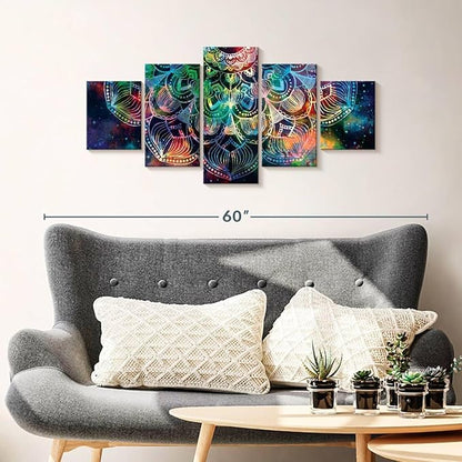 ElephantStock - Celestial Mandala Wall Art - Horizontal Multi Panel Canvas - 5 Piece Living Room Wall Decor - Digital Art Elements Multi Piece Wall Art - Turquoise And Blue Decor - 42" x 19"