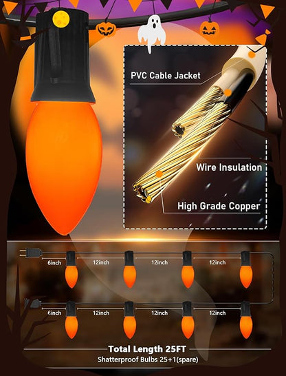 25Ft Halloween Ceramic String Lights, C9 Opaque Orange String Lights with 25 Vintage Bulbs, Outdoor Hanging Lights for Halloween Party Christmas Tree Prom Decor, 7W, C9/E17 Base, Black Wire