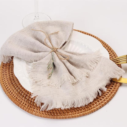 Handmade Cloth Napkins with Fringe,18 x 18 Inches Cotton Linen Napkins Set of 12 Versatile Handmade Square Rustic Fringe Napkins for Dinner, Wedding and Parties, Natural Linen
