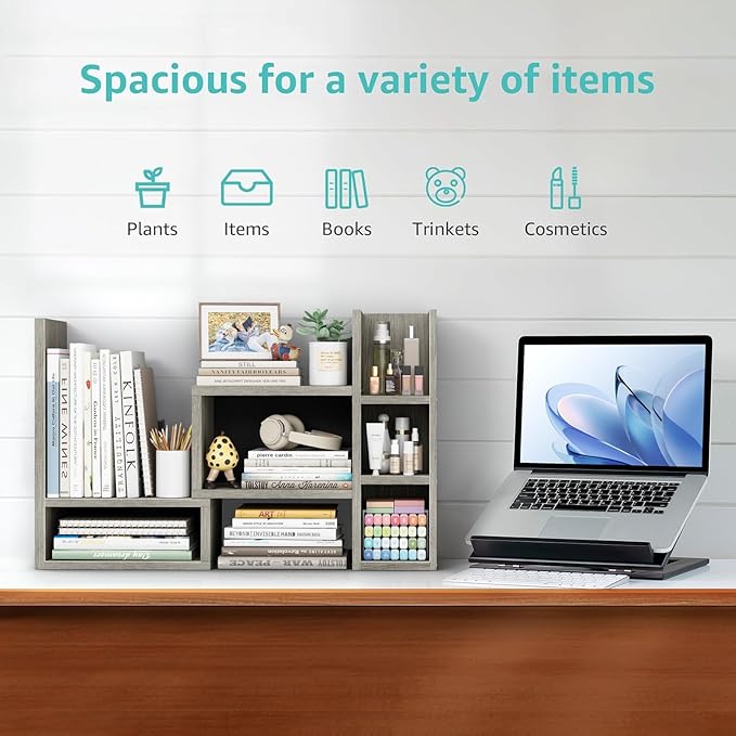 Desk Shelves Desktop Organizer Shlef - Grey Office Organization for Top of Desk Organizers and Accessories Corner Bookshelf Table Top Shelving Small Hutch Decorations for Office