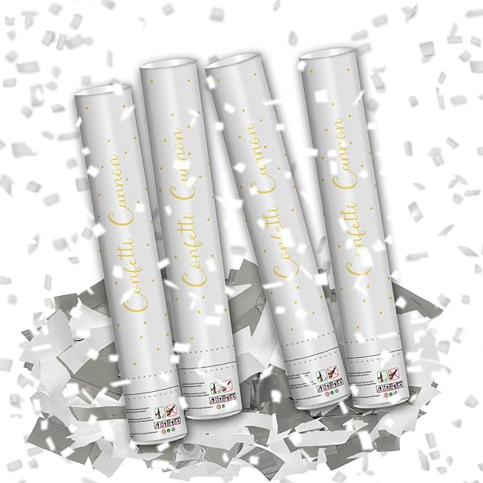 16" Silver & White Confetti Cannons - Party Poppers for Birthday Graduation Retirement Wedding New Year Celebrations - Easy to Use - Pack of 4