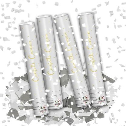 16" Silver & White Confetti Cannons - Party Poppers for Birthday Graduation Retirement Wedding New Year Celebrations - Easy to Use - Pack of 4