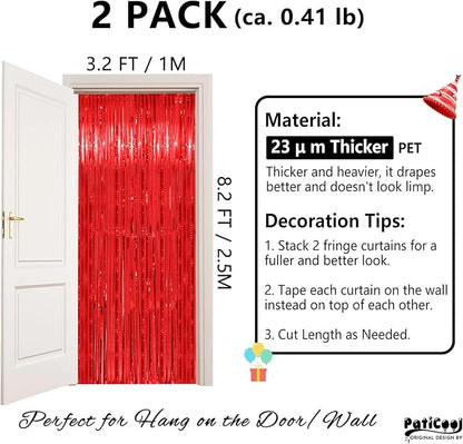 Christmas Decorations Thicken Red Streamers 2 Pack 3.2 x 8.2 FT, Red Birthday Decrorations Tinsel Backdrop Curtains, Foil Fringe Photo Backdrop for Casino, Carnival, Cherry Party Decorations