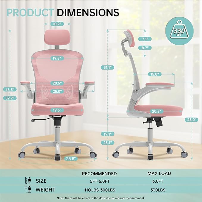 Synorla Office Chair Ergonomic Desk Chair, 330LBS Capacity, High Back Computer Design for Long Hours Comfort, Rolling Swivel Executive Task for Home Office with Flip-up Armrests (Grey Pink)