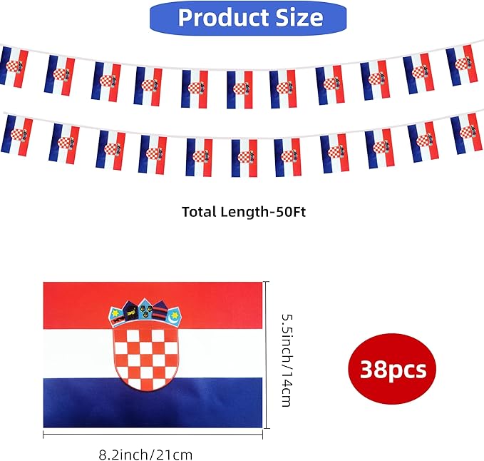 Croatia Small String Flags, 50 Feet 38 Pcs Croatian Pennant Banner Bunting Flags, Patriotic Events, Independence Day, Country Festival, Commemoration, Decorations (Croatia)