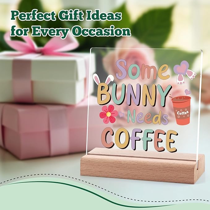 Easter Decor Funny Bunny Acrylic Plaque with Wooden Stand Coffee Bar Decor Easter Sign Coffee Lovers Decorations for Home Kitchen Clear Desk Decorative Sign for Office Coworker Friends Christmas