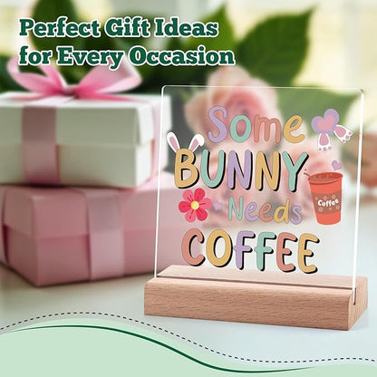 Easter Decor Funny Bunny Acrylic Plaque with Wooden Stand Coffee Bar Decor Easter Sign Coffee Lovers Decorations for Home Kitchen Clear Desk Decorative Sign for Office Coworker Friends Christmas