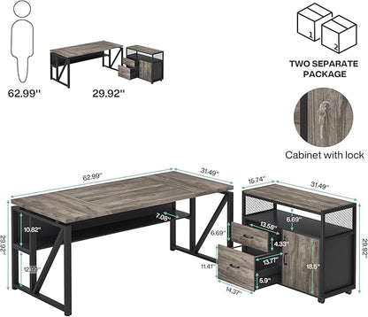 Tribesigns L Shaped Desk with Drawer Cabinet, 63" Executive Computer Desk and lateral File Cabinet, 2 Piece Home Office Furniture with Drawers for Hanging File, Doors with Locks (Gray, 63 inches)