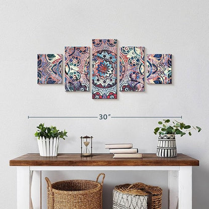 ElephantStock - Mandala Enchantment Wall Art - Horizontal Multi Panel Canvas - 5 Piece Living Room Wall Decor - Digital Art Elements Multi Piece Wall Art - Blue And Beige Decor - 29" x 12"