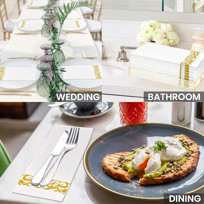 100 Pack Napkins Disposable Guest Towels Linen-Feel Decorative Napkins Soft and Absorbent Dinner Paper Hand Towels for Bathroom Party Powder Room Hotel Fancy Restaurant (100 Gold Floral)