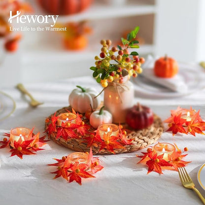 Hewory Fall Candle Holder Centerpiece: Thanksgiving Candle Holders Set of 4 with Maple Leaves Wreath & Berries, Glass Tealight Candle Holder Fall Centerpiece Table Decorations for Thanksgiving Table