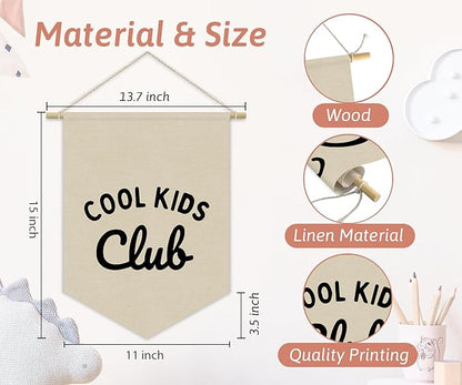 Kids Room Decor, Cool Kids Club Linen Canvas Banner, Neutral Minimalist PlayRoom Wall Hanging Pennant Flag Banner for Nursery Toddler Room Bedroom Decor, 15x11in