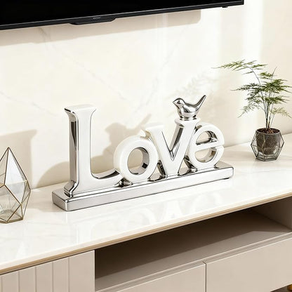 Love Sign Decoration,White and Gold Love Signs for Home Decor Statue,Modern Bird Sculpture Personalized Love Decor,Gold Style Figurine Decorative Ornaments for Living Room,Bedroom,Desktop (silver)