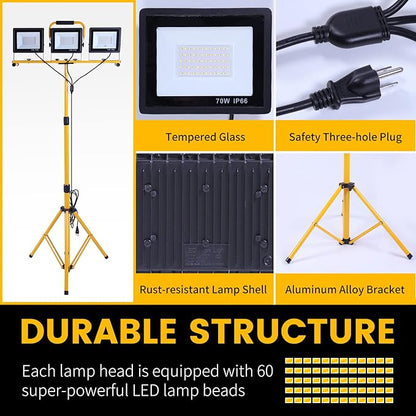 21000 Lumen Work Lights with Stand, 3 Adjustable Head LED Work Light, with Adjustable and Foldable Tripod Stand, Waterproof Lamp with Individual Switch with 6500 Kelvin Color Temperature