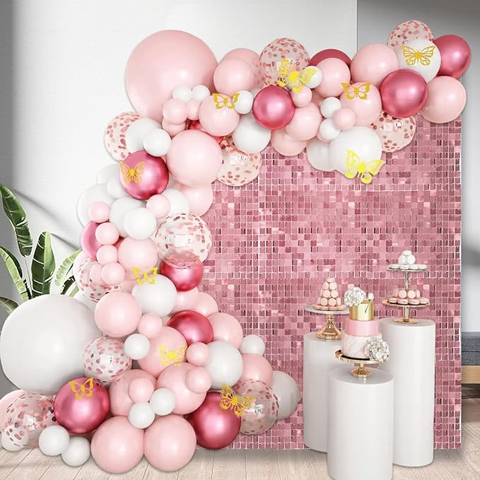 48 PCS Deep Pink Shimmer Wall Backdrop, Square Sequin Photo Backdrops Panel, Glitter Wall Background for Birthdays, Weddings, Halloween, Engagements, Disco Bachelorette Party Decoration (6FTx8FT)
