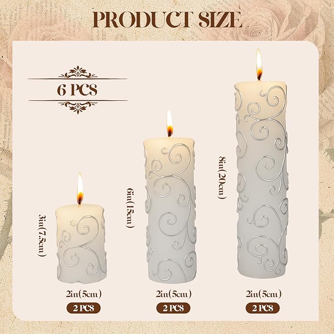 6-Pack Elegant Pillar Candles with Embossed Silver Patterns for Home Decor & Cozy Ambiance, Vintage White Candles (2x3/6/8 Inch), Dripless Smokeless Clean-Burning for Table, Mantel, Holidays