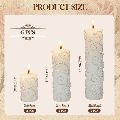 6-Pack Elegant Pillar Candles with Embossed Silver Patterns for Home Decor & Cozy Ambiance, Vintage White Candles (2x3/6/8 Inch), Dripless Smokeless Clean-Burning for Table, Mantel, Holidays
